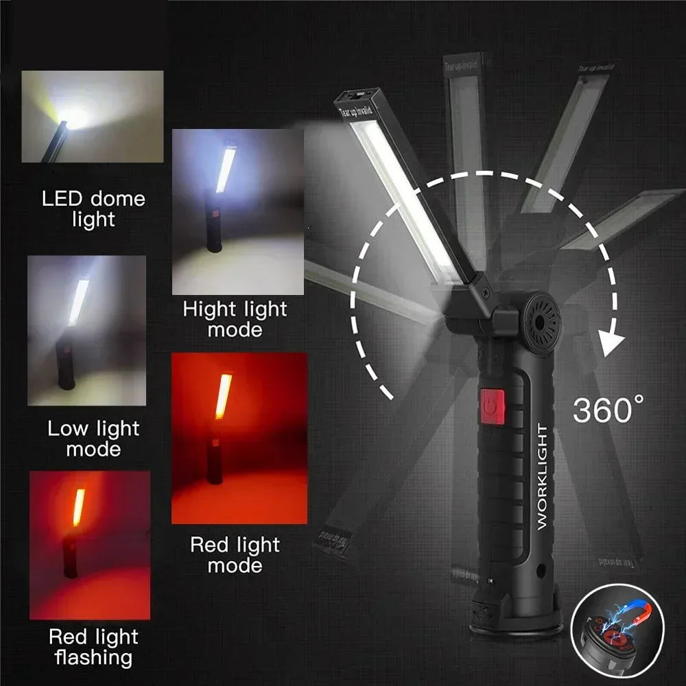 Work Light Dimmable USB Rechargeable LED Flashlight With Magnetic Hook Power Bank 18650 Battery Torch