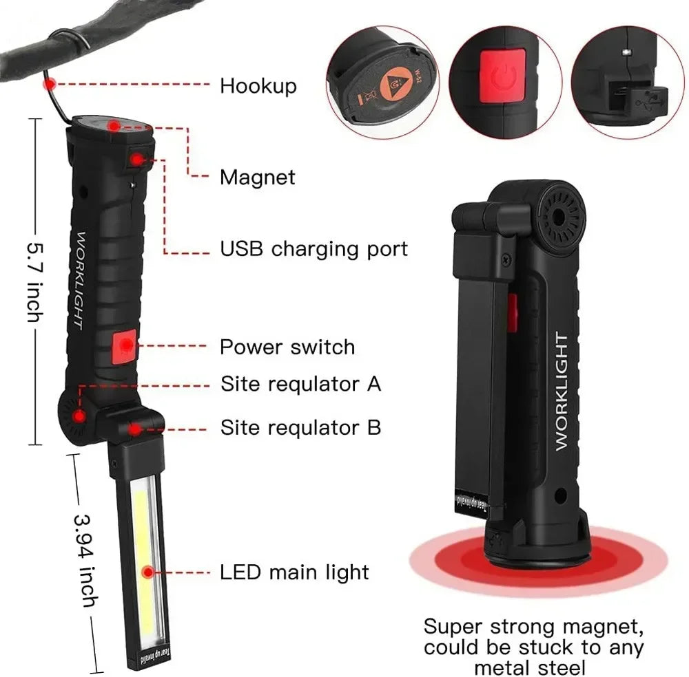 Work Light Dimmable USB Rechargeable LED Flashlight With Magnetic Hook Power Bank 18650 Battery Torch