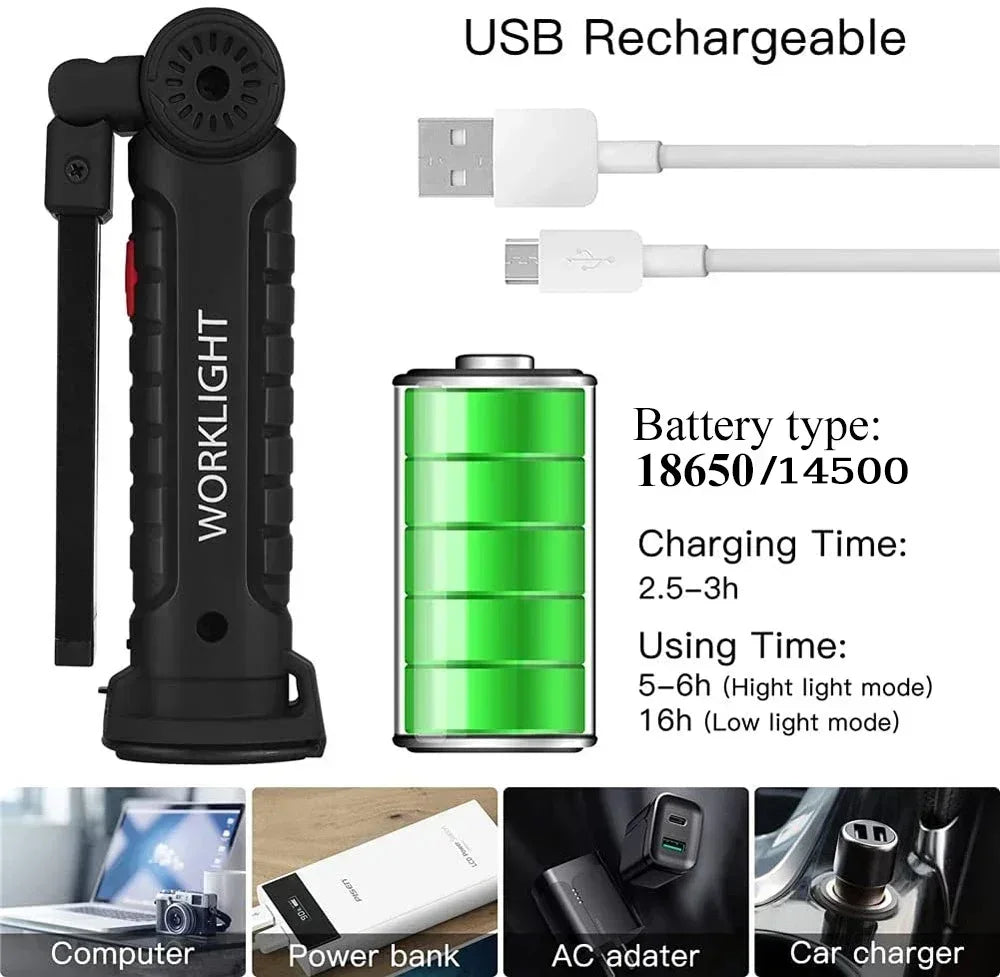 Work Light Dimmable USB Rechargeable LED Flashlight With Magnetic Hook Power Bank 18650 Battery Torch