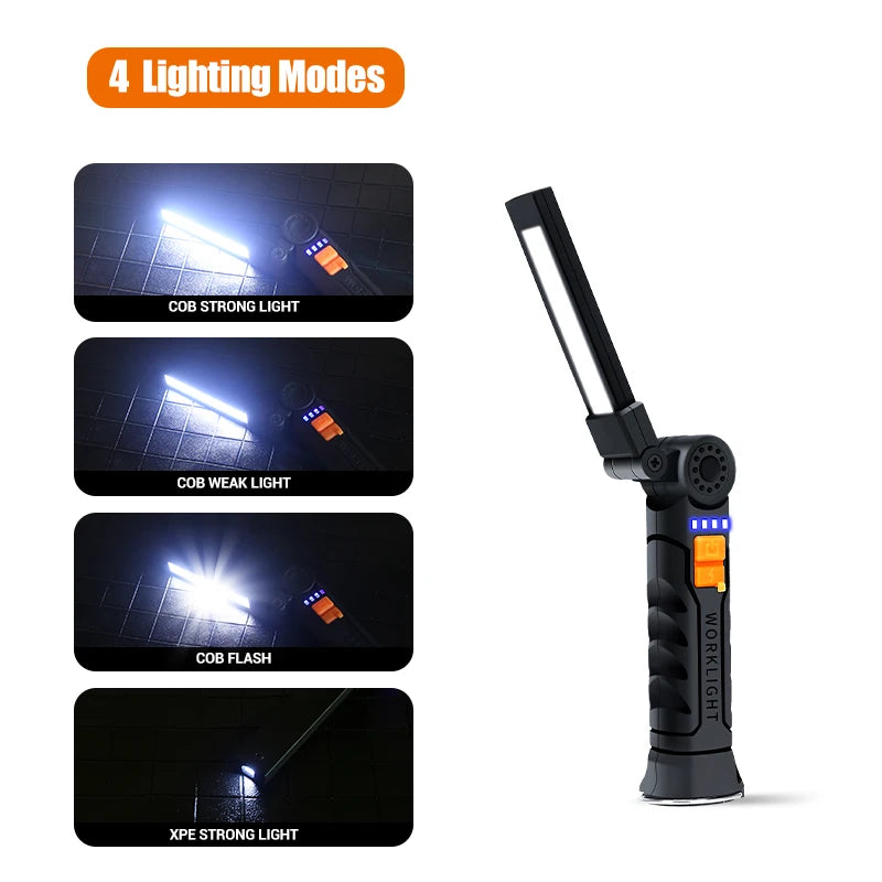 Work Light Dimmable USB Rechargeable LED Flashlight With Magnetic Hook Power Bank 18650 Battery Torch
