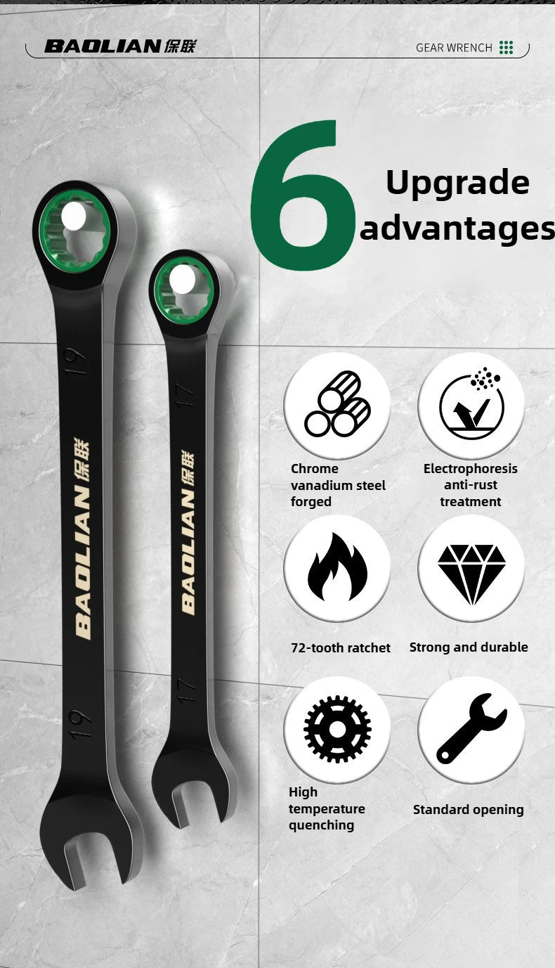 BAOLIAN Dual Directional Fast Plum Blossom Ratchet Wrench, Industrial Grade Automatic Small Opening Dual-use Wrench Tool