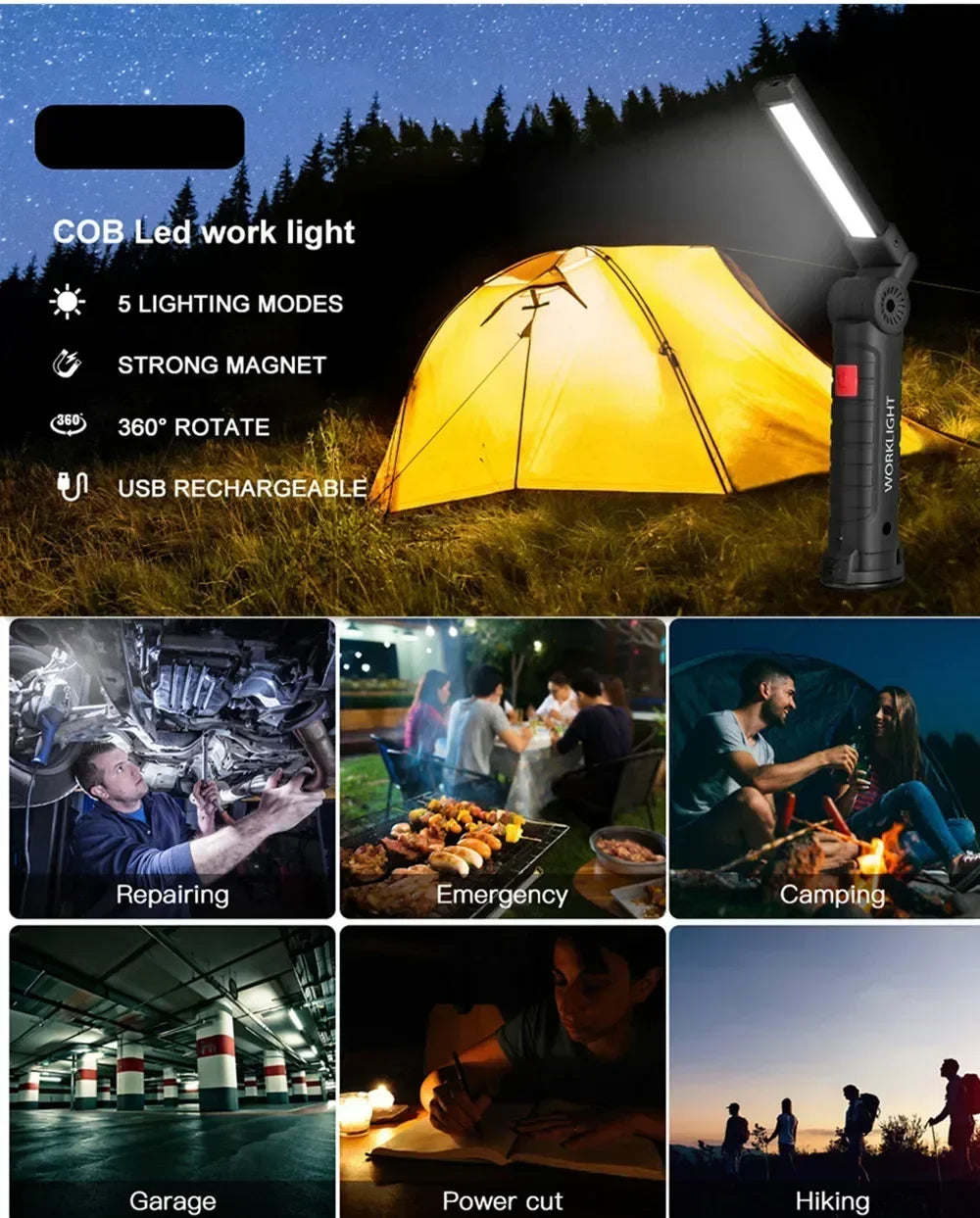 Work Light Dimmable USB Rechargeable LED Flashlight With Magnetic Hook Power Bank 18650 Battery Torch