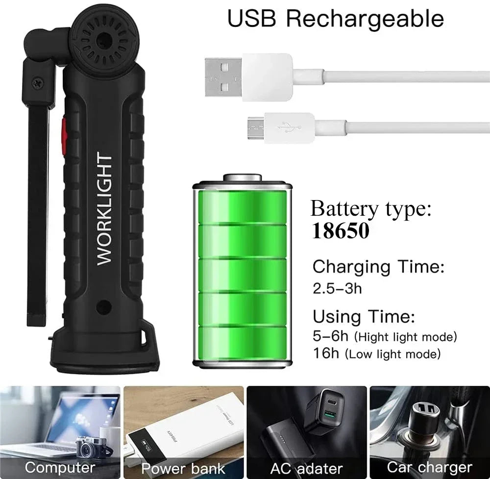 Work Light Dimmable USB Rechargeable LED Flashlight With Magnetic Hook Power Bank 18650 Battery Torch