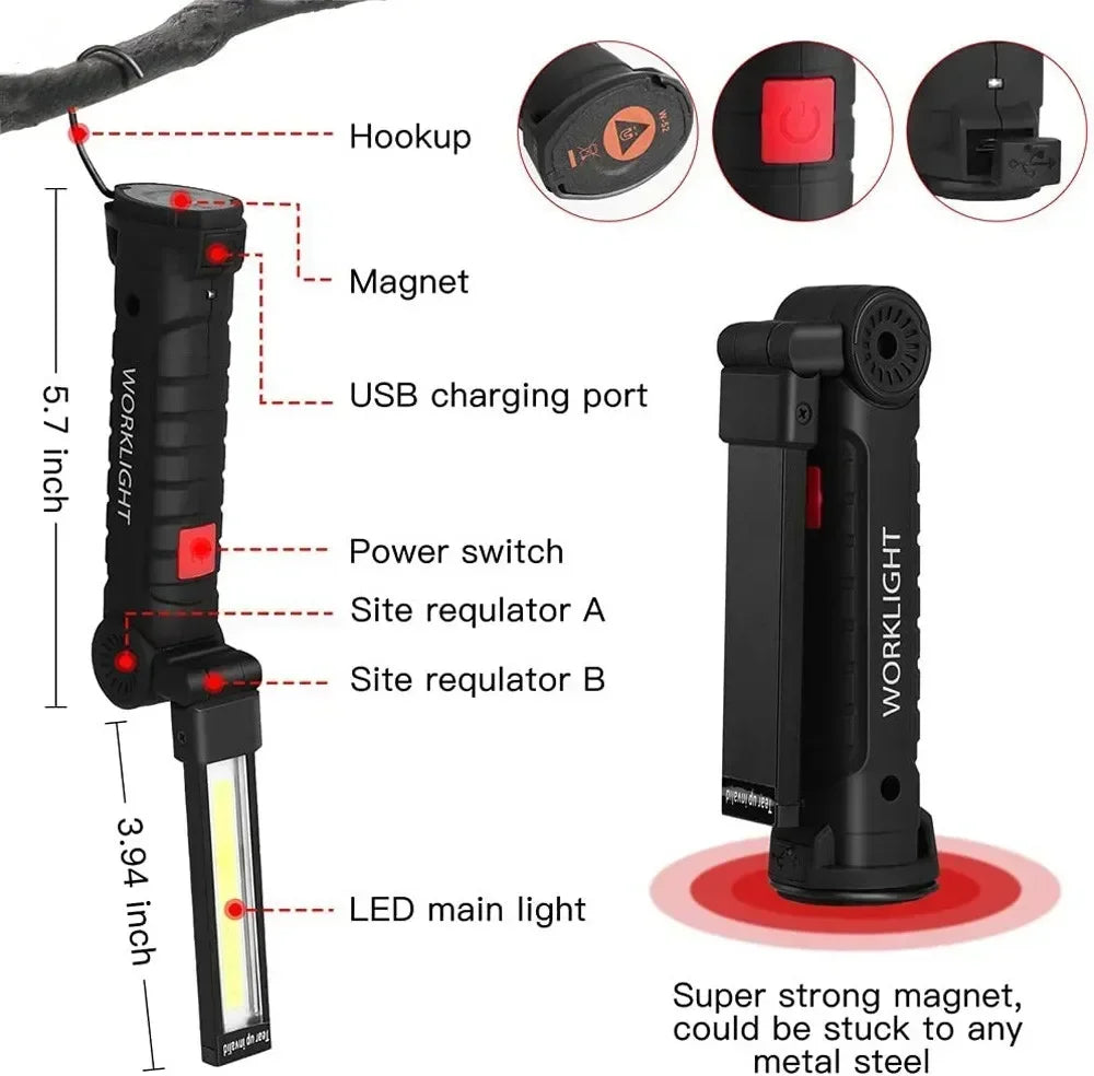 Work Light Dimmable USB Rechargeable LED Flashlight With Magnetic Hook Power Bank 18650 Battery Torch